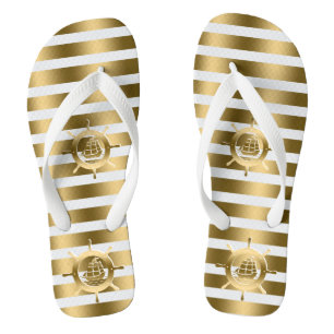 Gold & White Stripes With Nautical Boat Wheel Thongs