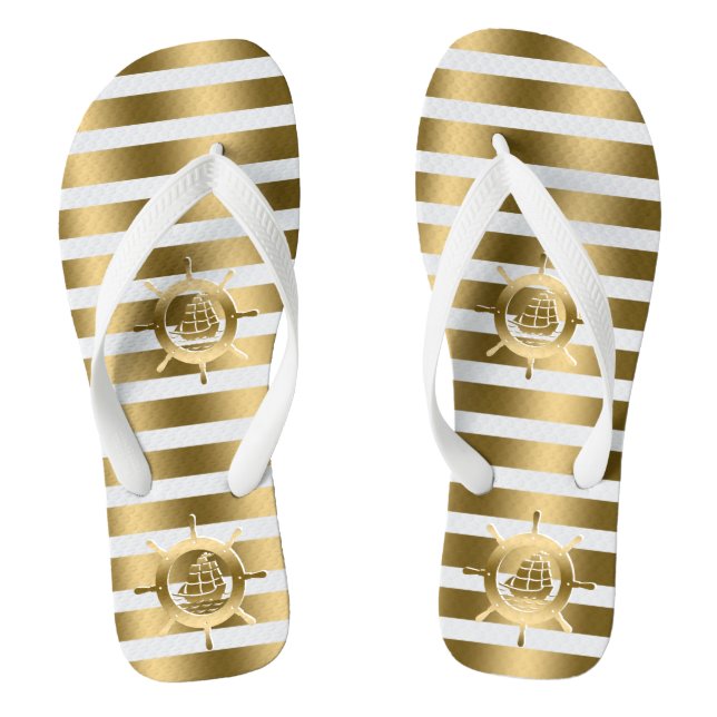 Gold & White Stripes With Nautical Boat Wheel Thongs (Footbed)