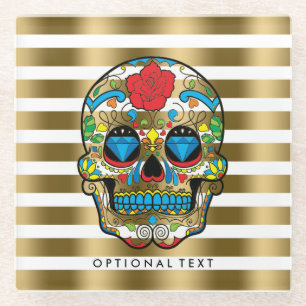 Gold & White Stripes With Red Rose Sugar Skull Glass Coaster