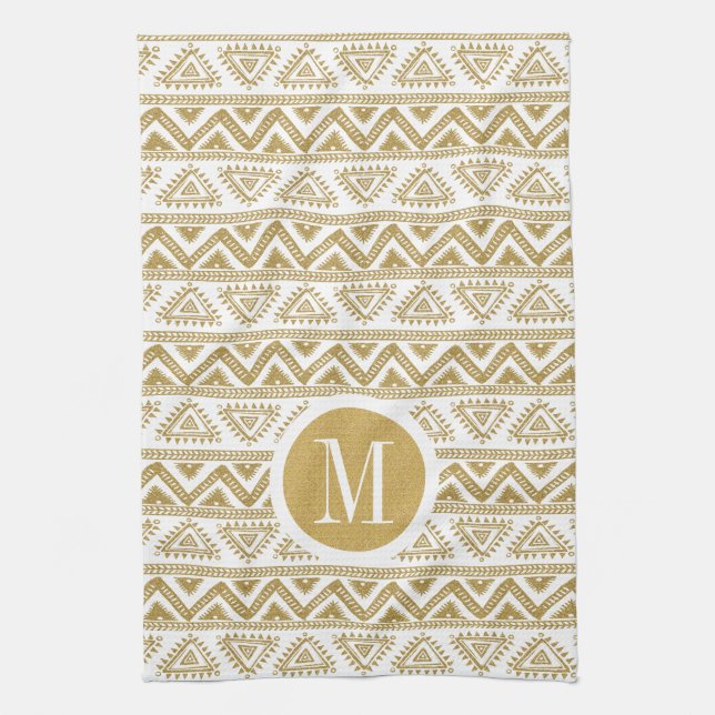 Gold & White Tribal Geometric Pattern Tea Towel (Vertical)