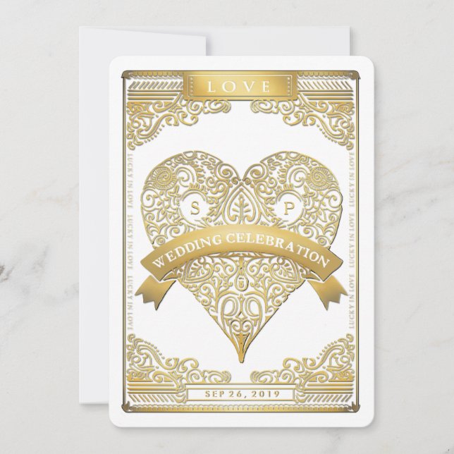 Gold White Vegas Playing Card Heart Wedding Invite (Front)