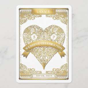 Gold White Vegas Playing Card Heart Wedding Invite