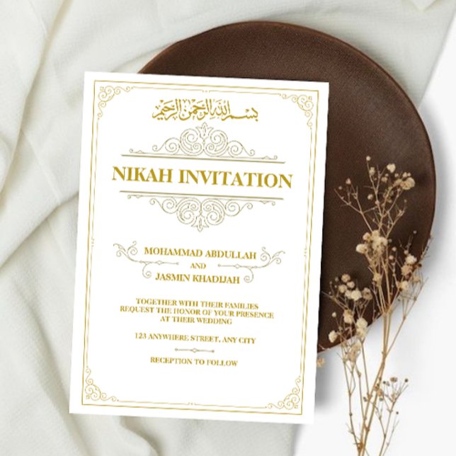 Gold White Vintage Muslim Wedding Nikah Invitation (Creator Uploaded)