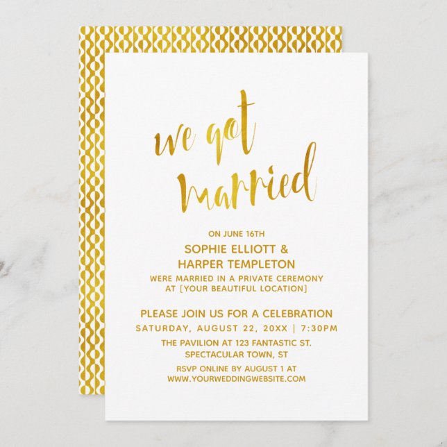Gold & White We Got Married Typography Celebration Invitation (Front/Back)