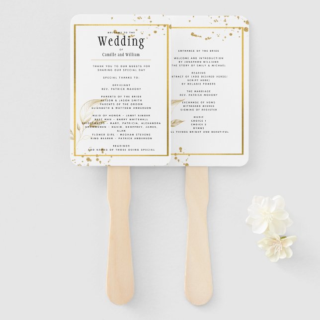 GOLD White Wedding Program Hand Fan (Front and Back)
