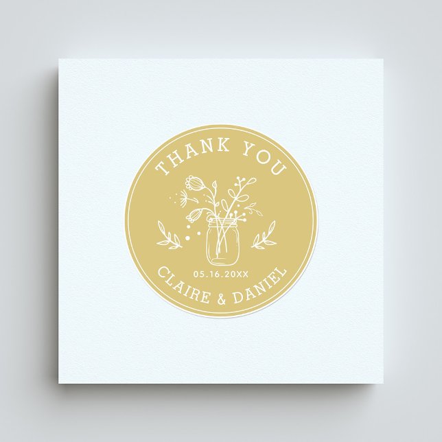 Gold & White Wedding Thank You Mason Jar Flowers Classic Round Sticker (Creator Uploaded)