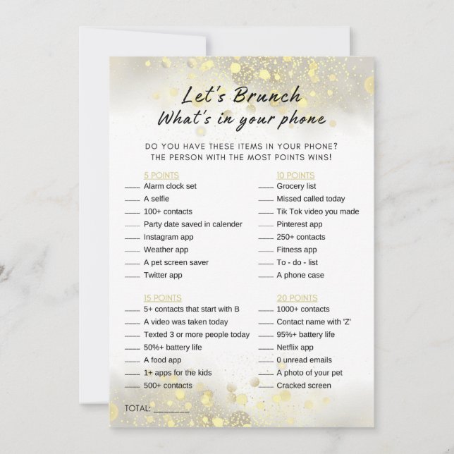 Gold White What's In Your Phone Brunch Party Game Invitation (Front)