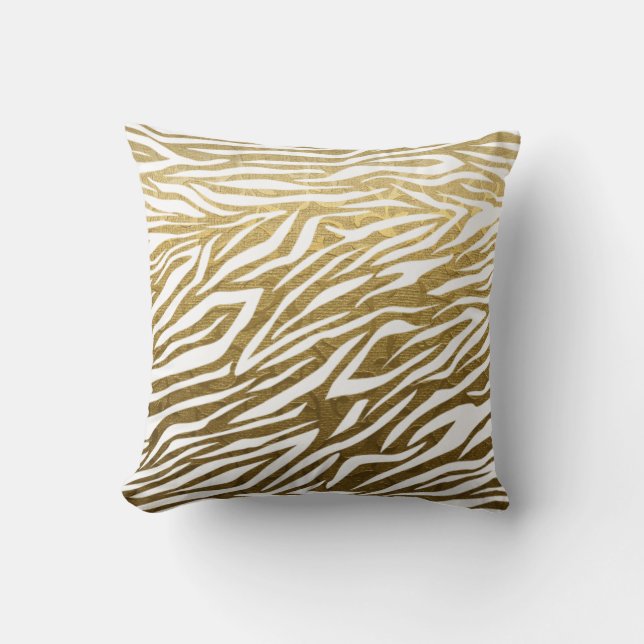 Gold, white zebra animal print throw cushion (Front)