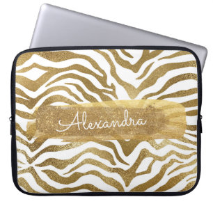 Gold & White Zebra Animal Print with Gold Glitter Laptop Sleeve