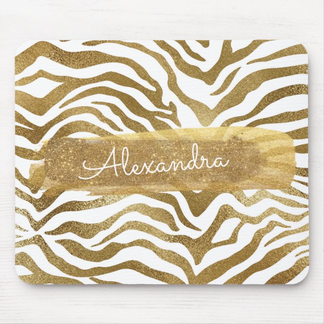 Gold & White Zebra Animal Print with Gold Glitter Mouse Pad (Front)