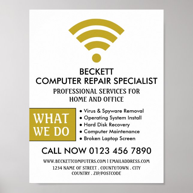 Gold Wi-Fi Logo, Computer Repair Specialist Advert Poster (Front)