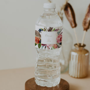 Gold Wild Feather Boho Tropical Floral Wedding Water Bottle Label