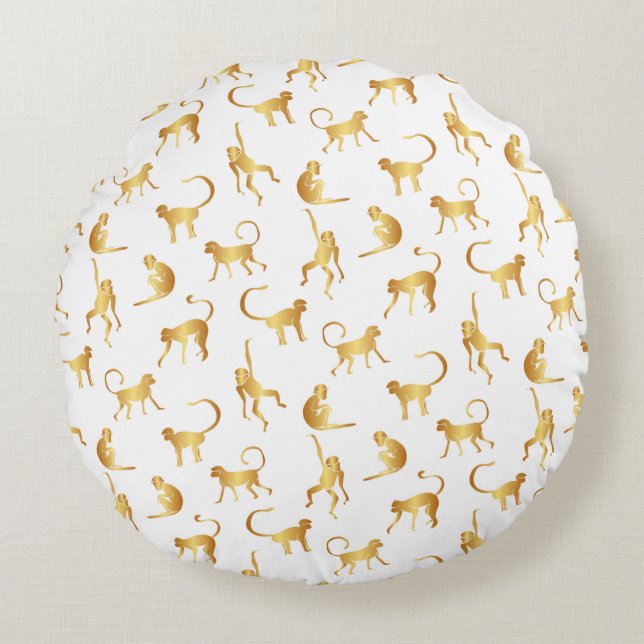 Gold Wild Monkey Tropical Jungle Round Cushion (Front)