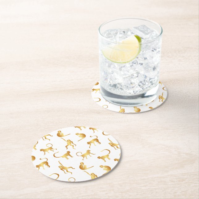 Gold Wild Monkey Tropical Jungle Round Paper Coaster (Insitu)