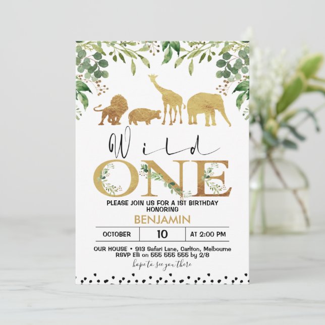 Gold Wild One Safari Animals Birthday Invitation (Standing Front)