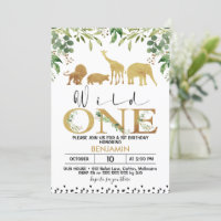 Gold Wild One Safari Animals Birthday Invitation
