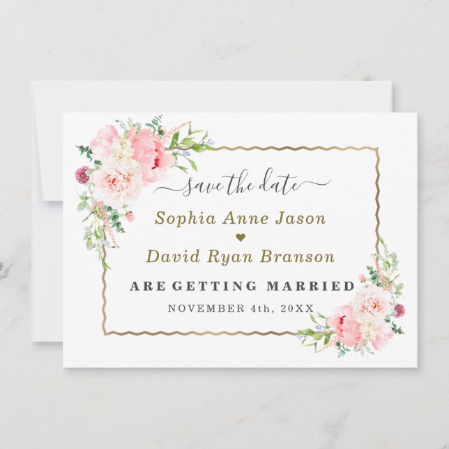 Gold Wild Pink Flowers Wedding Calligraphy  Save The Date (Front)