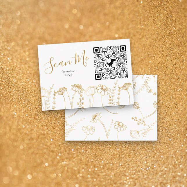 Gold Wildflower Sketch Online RSVP QR Code Enclosure Card (QR Code RSVP Card in White & Gold, from my Wildflower Sketch collection)
