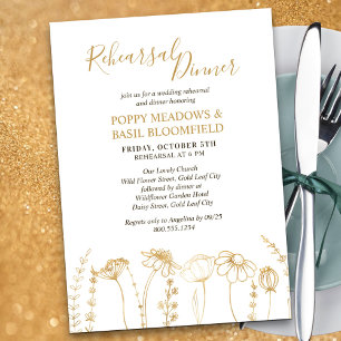 Gold Wildflower Sketch Wedding Dinner Rehearsal Invitation