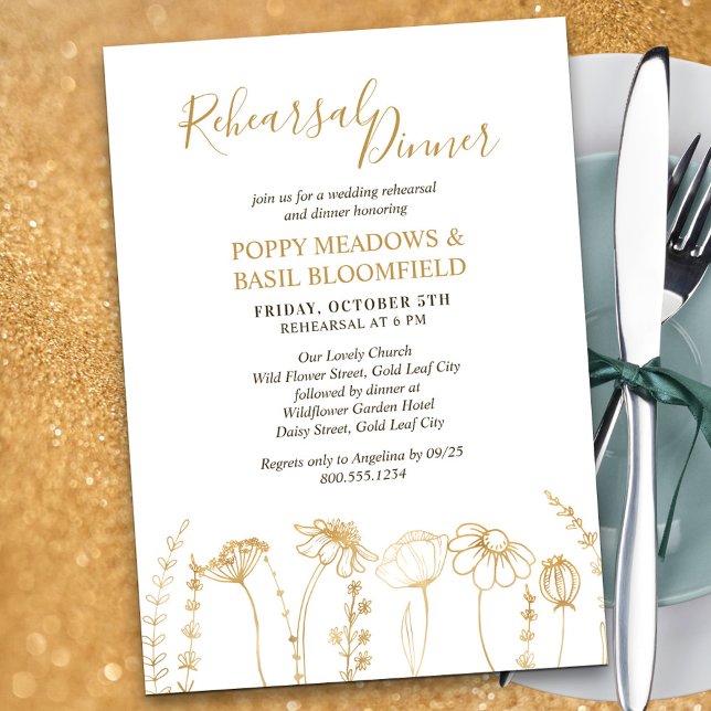 Gold Wildflower Sketch Wedding Dinner Rehearsal Invitation (Rehearsal Dinner Invitation in White & Gold, from my Wildflower Sketch collection)