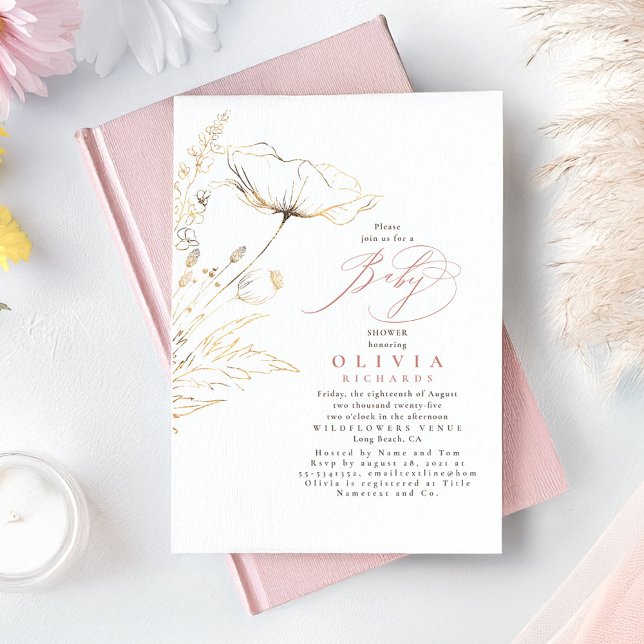 Gold Wildflowers Dusty Pink Chic Baby Shower Invitation (Wildflowers Baby Shower Invitation)