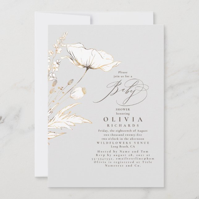 Gold Wildflowers Light Grey Elegant Baby Shower Invitation (Front)