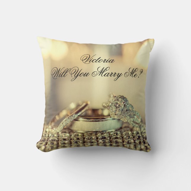 Gold Will You Marry Me Proposal Name Script Cushion (Front)