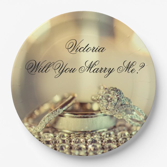 Gold Will You Marry Me Proposal Name Script  Paper Plate (Front)
