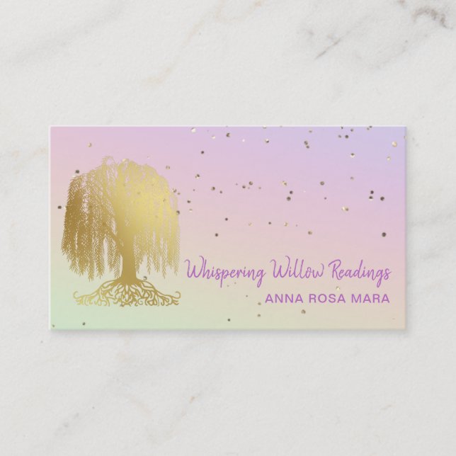 *~*  Gold Willow Tree Stars Rainbow Pastel Business Card (Front)