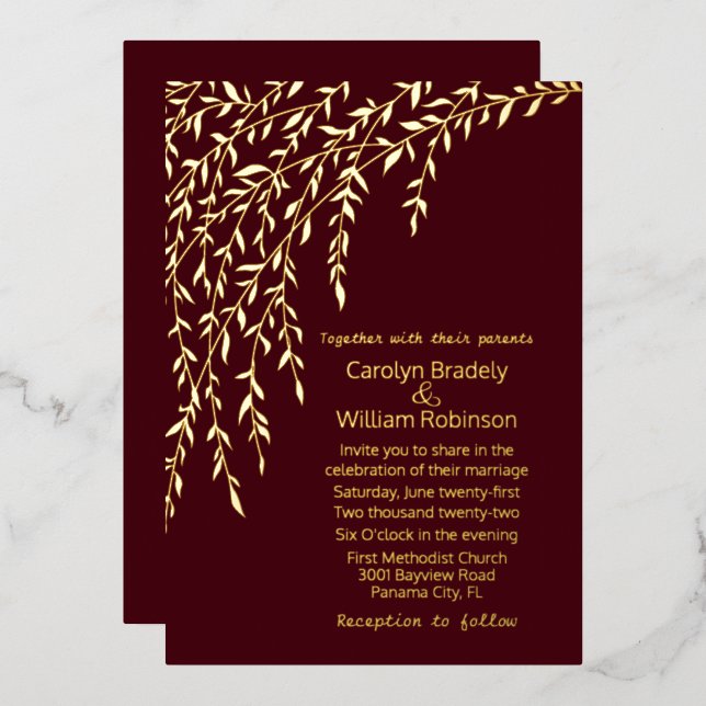 Gold Willows Burgundy Wedding Foil Invitation (Front/Back)
