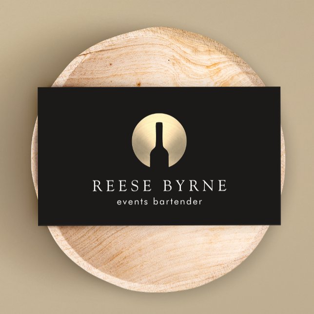 Gold Wine Bottle Events Bartender Logo Business Card (Creator Uploaded)