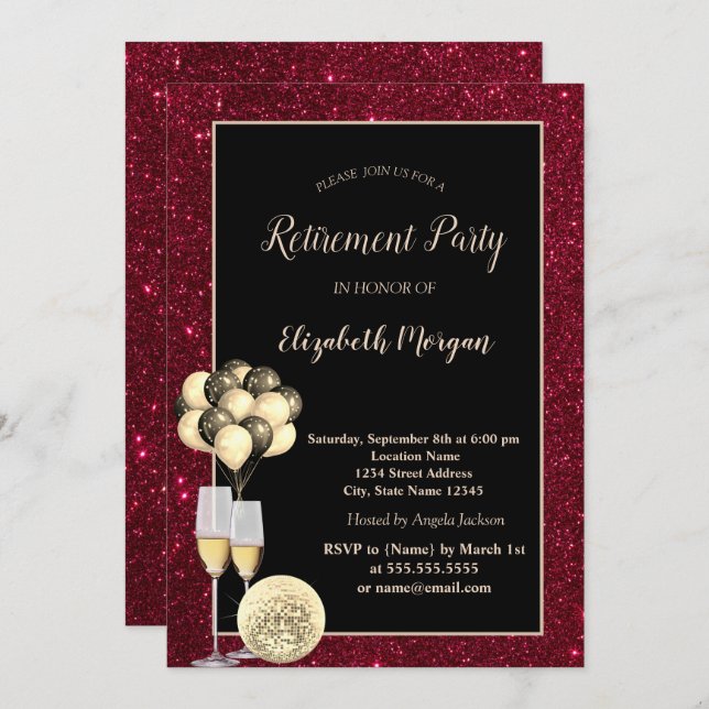 Gold Wine Glas,Ballons,Red Glitter Retirement Invitation (Front/Back)