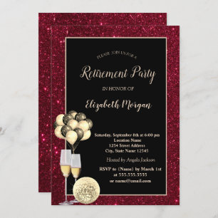 Gold Wine Glas,Ballons,Red Glitter Retirement Invitation