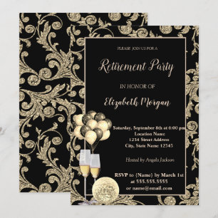 Gold Wine Glas,Ballons, Swirls  Retirement Party Invitation