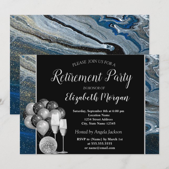 Gold Wine Glass,Ballons,Blue Marble Retirement  Invitation (Front/Back)