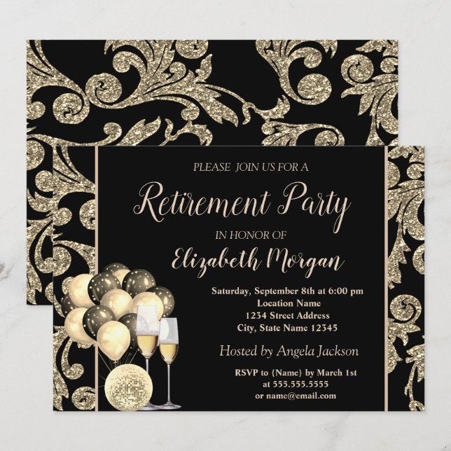 Gold Wine Glass,Ballons, Swirls  Retirement Party Invitation (Front/Back)
