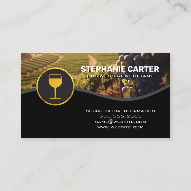 Gold Wine Glass Logo | Grapes Vineyard Business Card (Front)