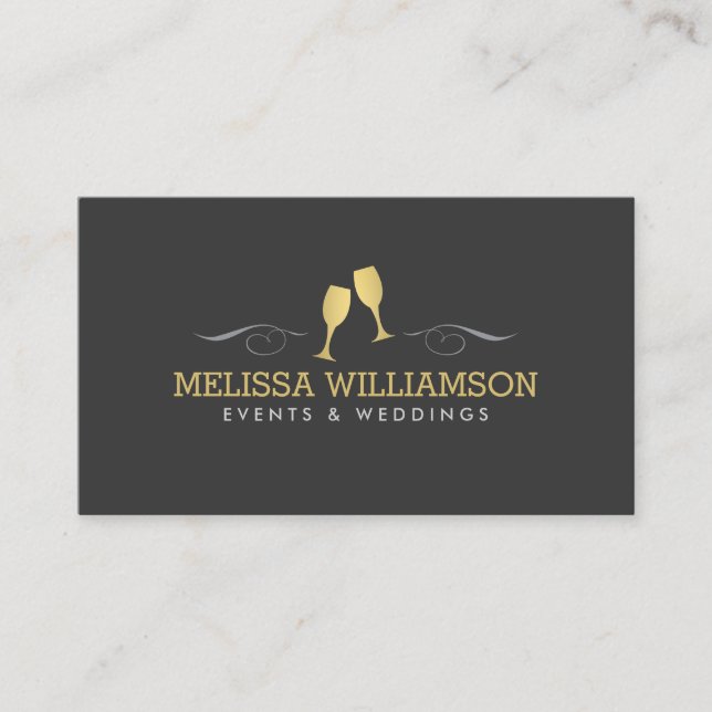 Gold Wine Glasses Event Planner Business Card (Front)