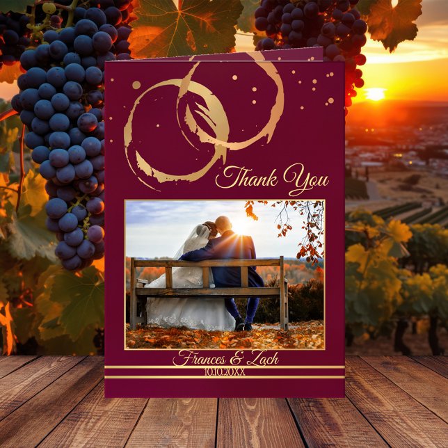 Gold Wine Wedding Photo Thank You Note Card (Wedding Thank You note card featuring your own wedding picture framed by a wine themed design)