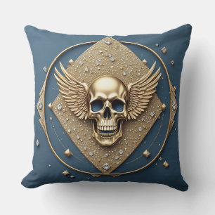 ☠️ Gold Winged Skull Gothic Gift For Bikers 💎 Cushion