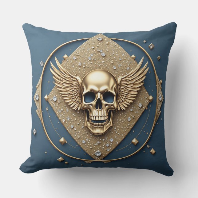 ☠️ Gold Winged Skull Gothic Gift For Bikers 💎 Cushion (Front)