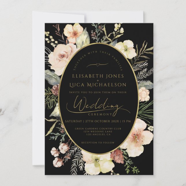 Gold Winter Black Flora Botanical Monogram Wedding Invitation (Front)
