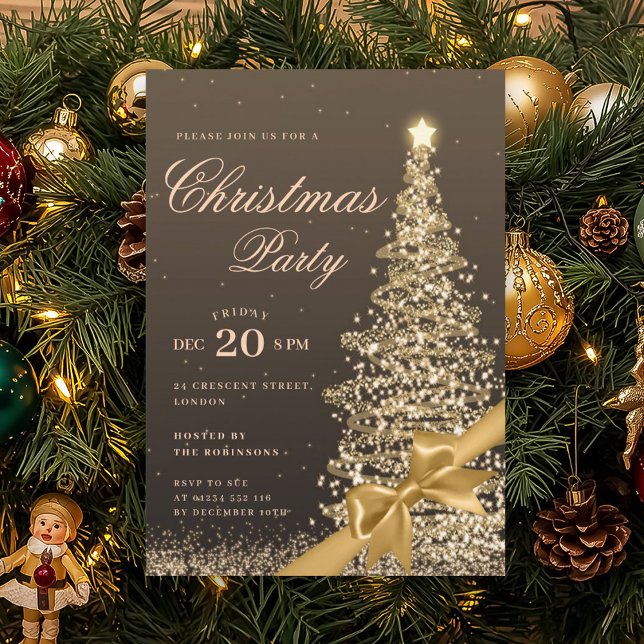 Gold Winter Christmas Tree Bow Holiday Party  Invitation (Gold Winter Christmas Tree Bow Holiday Party Invitation)