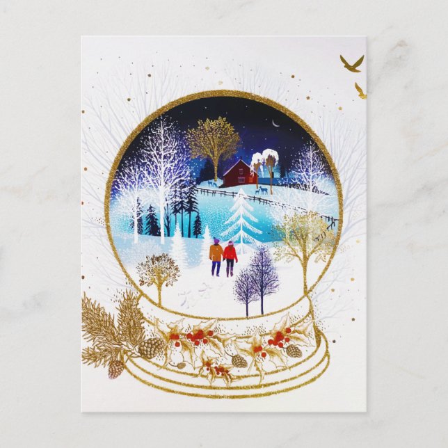 Gold Winter Eve Couple Snowglobe Forest Home Holiday Postcard (Front)