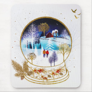Gold Winter Eve Couple Snowglobe Forest Home Mouse Pad