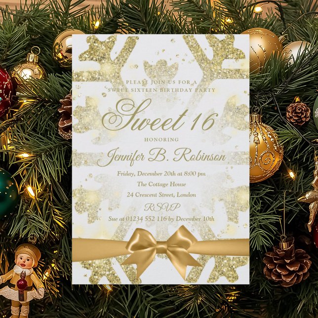 Gold Winter Glitter Bow Sweet 16 Birthday Party Invitation (Gold Winter Glitter Bow Sweet 16 Birthday Party Invitation)