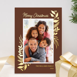 Gold Winter Greenery Brown Photo Christmas Foil Holiday Card