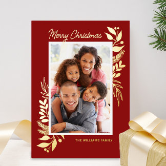 Gold Winter Greenery Photo Christmas Foil Holiday Card