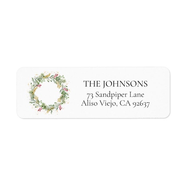 Gold Winter Greenery Wreath Return Address Label (Front)