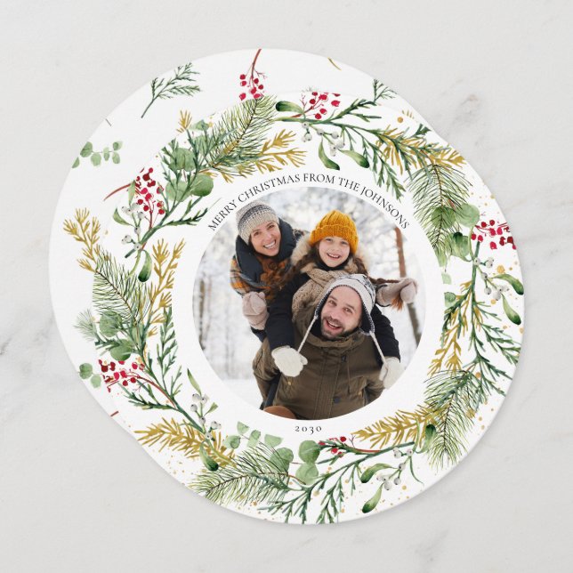Gold Winter Greenery Wreath Round Photo Holiday (Front/Back)